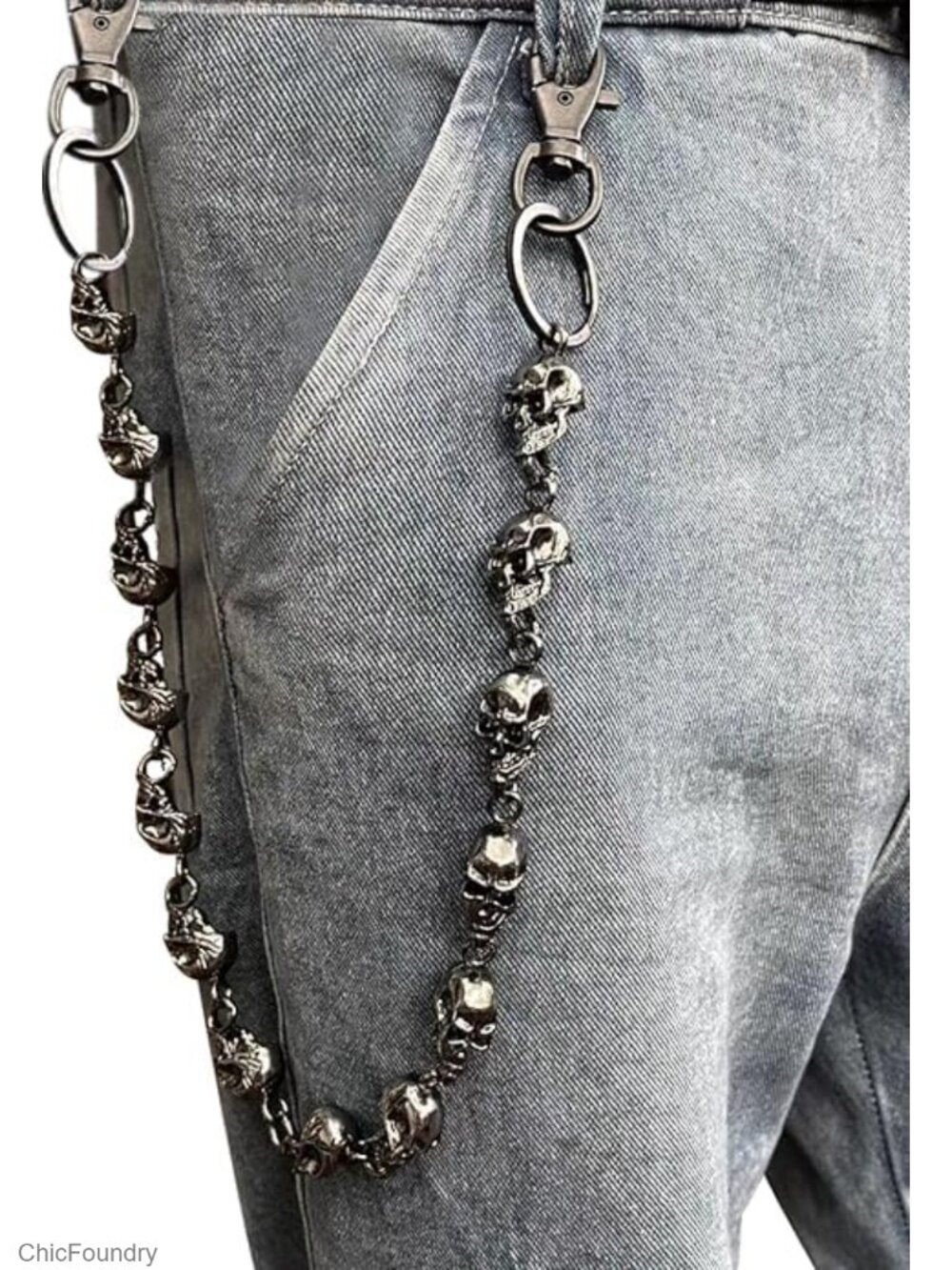 Punk Goth 3D Skull Wallet Chain, Gunmetal Stainless Steel, Pants Keychain Purse